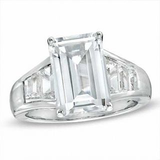 Previously Owned - Emerald-Cut Lab-Created White Sapphire Ring in Sterling Silver