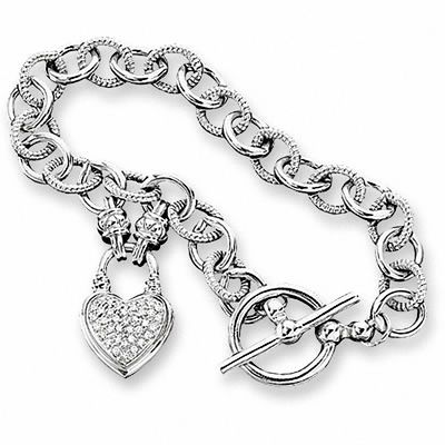 Previously Owned - 0.23 CT. T.W. Diamond Heart Link Bracelet in Sterling Silver