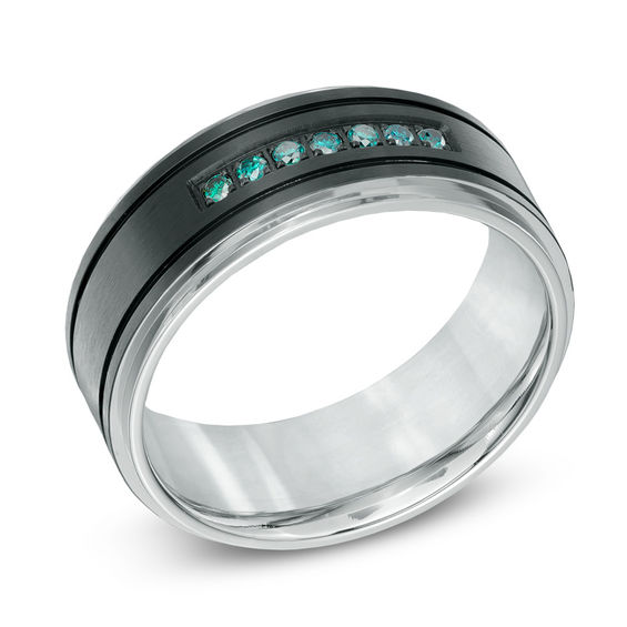 Previously Owned - Men's 0.15 CT. T.W. Enhanced Blue Diamond Comfort Fit Two-Tone Stainless Steel Wedding Band