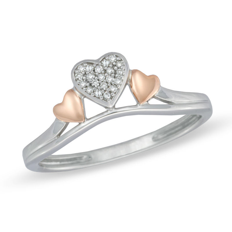 Main Image 1 of Previously Owned - 0.04 CT. T.W. Diamond Triple Heart Ring in Sterling Silver and 10K Rose Gold