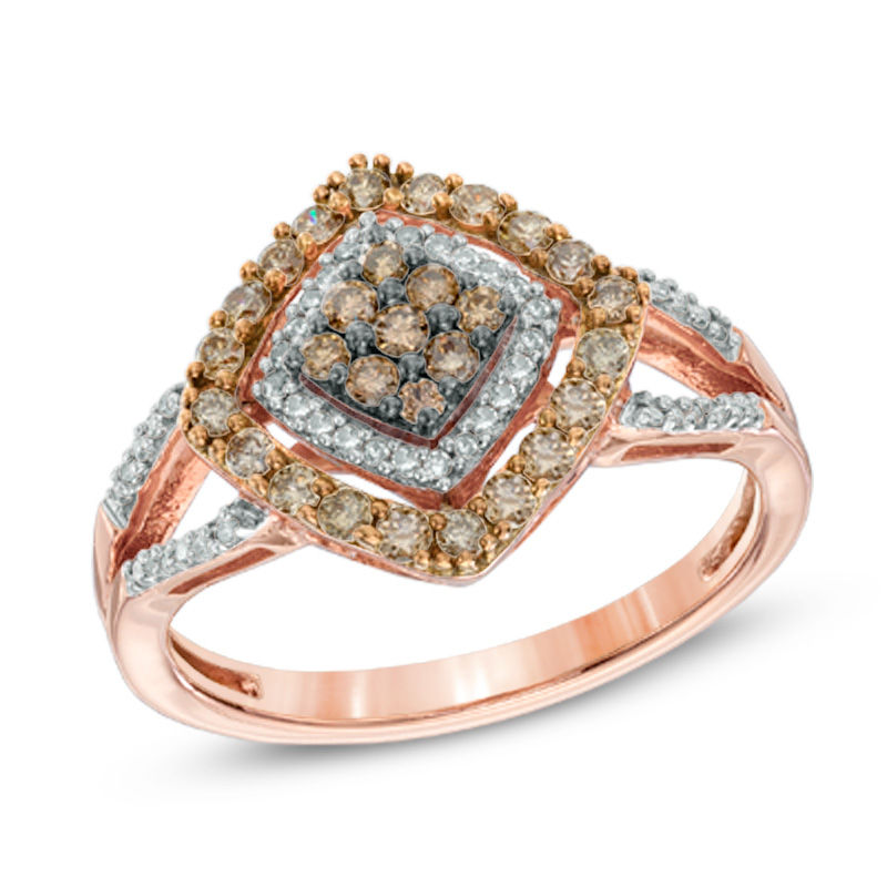 Previously Owned - 0.50 CT. T.W. Champagne and White Diamond Tilted Square Frame Ring in 10K Rose Gold|Peoples Jewellers
