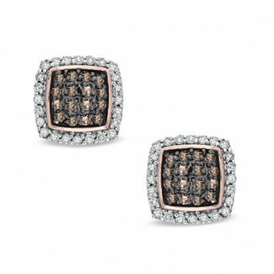 Previously Owned - 0.37 CT. T.W. Champagne and White Diamond Square Frame Stud Earrings in 10K Rose Gold