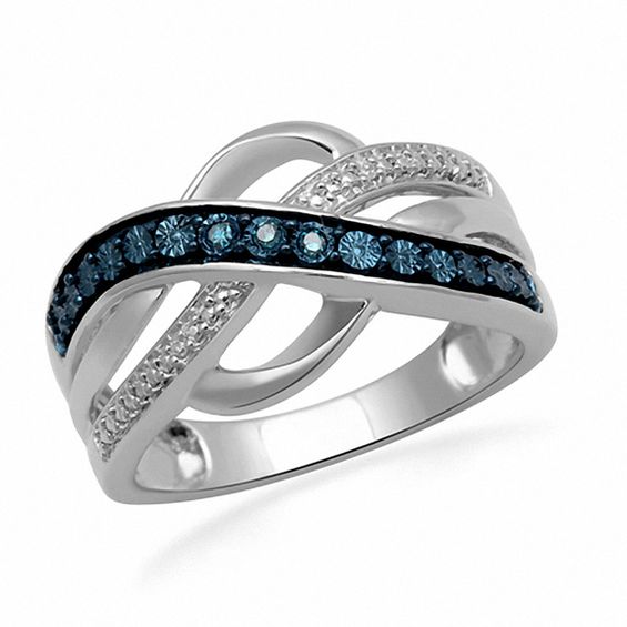 Previously Owned - Enhanced Blue and White Diamond Accent Multi-Row Ribbon Ring in Sterling Silver