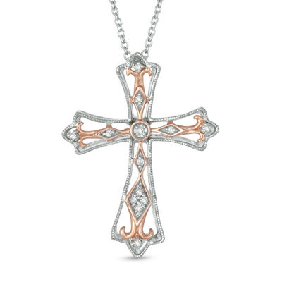 Previously Owned - Diamond Accent Cross Pendant in Sterling Silver and 10K Rose Gold