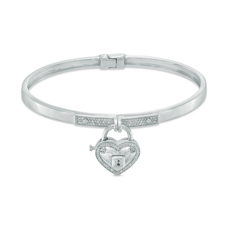Previously Owned - Forever Locking Love™ 0.15 CT. T.W. Diamond Heart-Shaped Padlock Charm Bangle in Sterling Silver