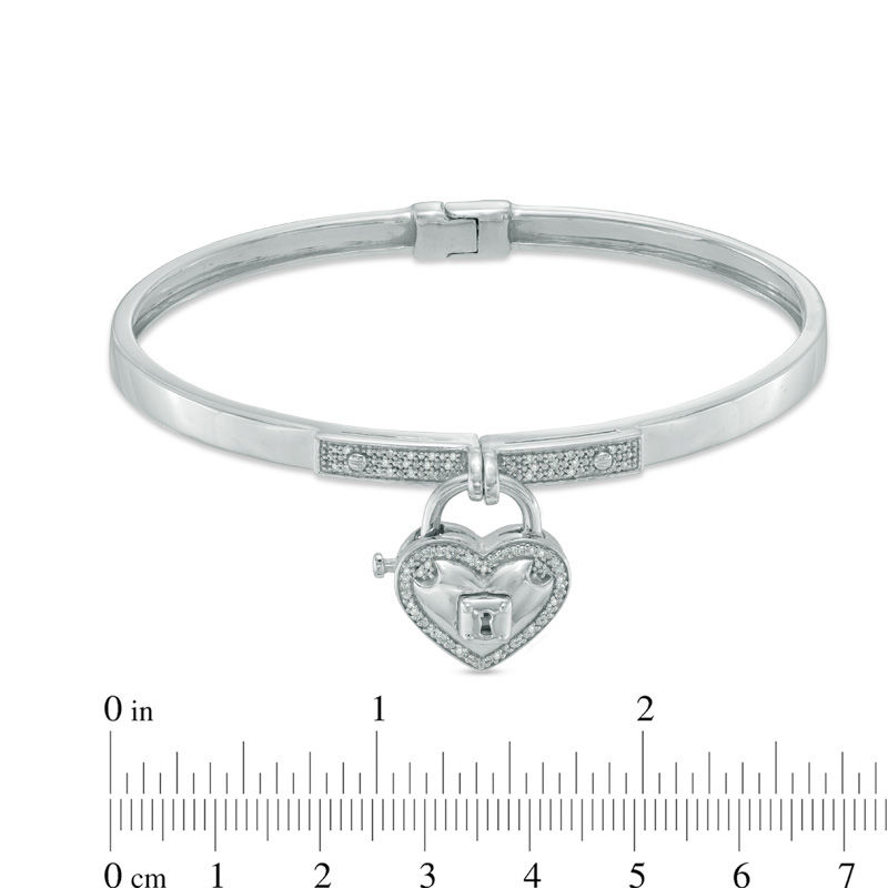 Previously Owned - Forever Locking Love™ 0.15 CT. T.W. Diamond Heart-Shaped Padlock Charm Bangle in Sterling Silver