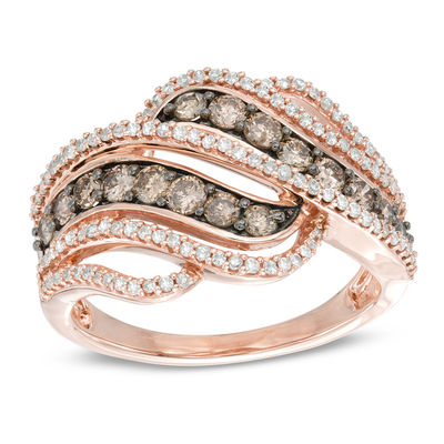 Previously Owned - 1.00 CT. T.W. Champagne and White Diamond Cascading Waves Ring in 10K Rose Gold