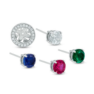 Previously Owned - Multi-Gemstone and Lab-Created  White Sapphire Frame Stud Earrings Set in Sterling Silver