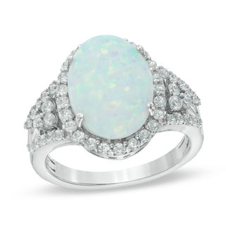 Previously Owned - Oval Lab-Created Opal and White Sapphire Ring in Sterling Silver