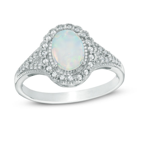 Previously Owned - Oval Lab-Created Opal and White Sapphire Frame Ring in Sterling Silver