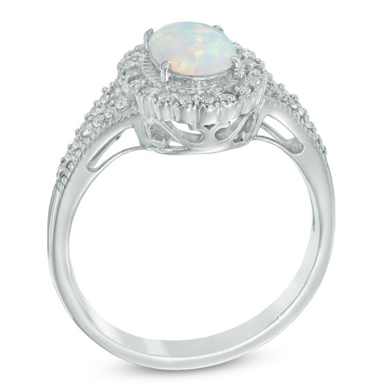 Previously Owned - Oval Lab-Created Opal and White Sapphire Frame Ring in Sterling Silver