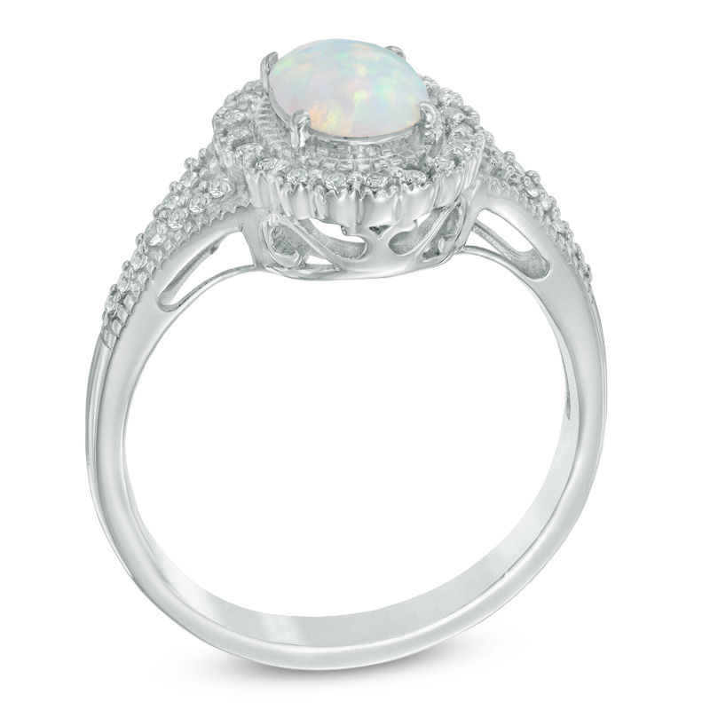 Previously Owned - Oval Lab-Created Opal and White Sapphire Frame Ring in Sterling Silver|Peoples Jewellers
