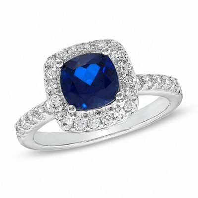 Previously Owned - 7.0mm Cushion-Cut Lab-Created Blue and White Sapphire Ring in Sterling Silver