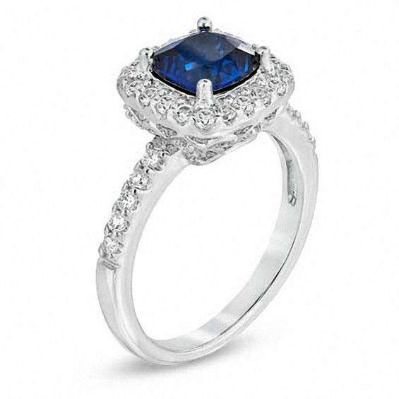 Previously Owned - 7.0mm Cushion-Cut Lab-Created Blue and White Sapphire Ring in Sterling Silver