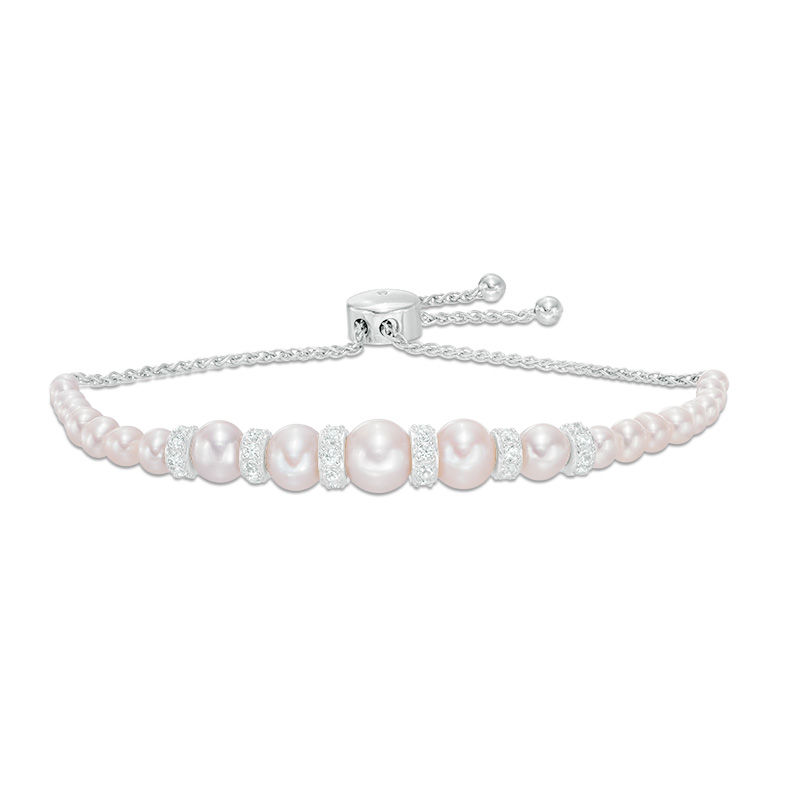 Previously Owned-Freshwater Cultured Pearl and Lab-Created White Sapphire Bolo Bracelet in Sterling Silver-9.0"