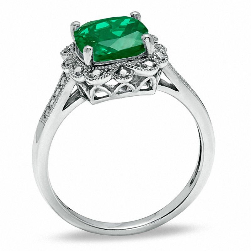 Main Image 2 of Previously Owned - 8.0mm Cushion-Cut Lab-Created Emerald Vintage-Style Ring in Sterling Silver