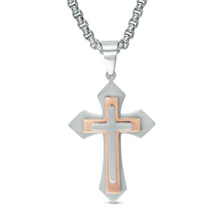 Previously Owned - Men's Gothic-Style Layered Cross Pendant in Stainless Steel and Rose IP - 24"