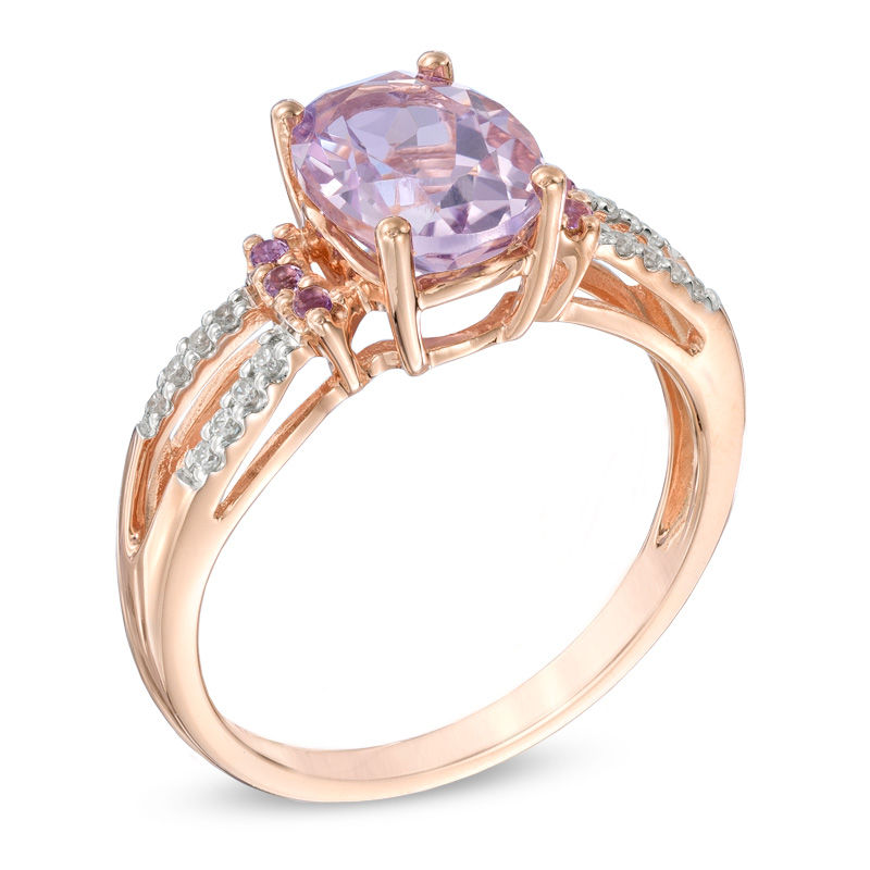 Previously Owned - Oval Rose de France Amethyst and Lab-Created White Sapphire Ring in 10K Rose Gold