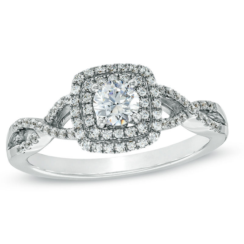 Main Image 1 of Previously Owned - Celebration  Fire™ 0.58 CT. T.W. Diamond Frame Engagement Ring in 14K White Gold (I/SI2)