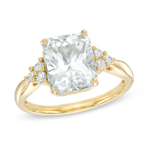 Previously Owned - Radiant-Cut Lab-Created White Sapphire Tri-Sides Ring in Sterling Silver with 14K Gold Plate