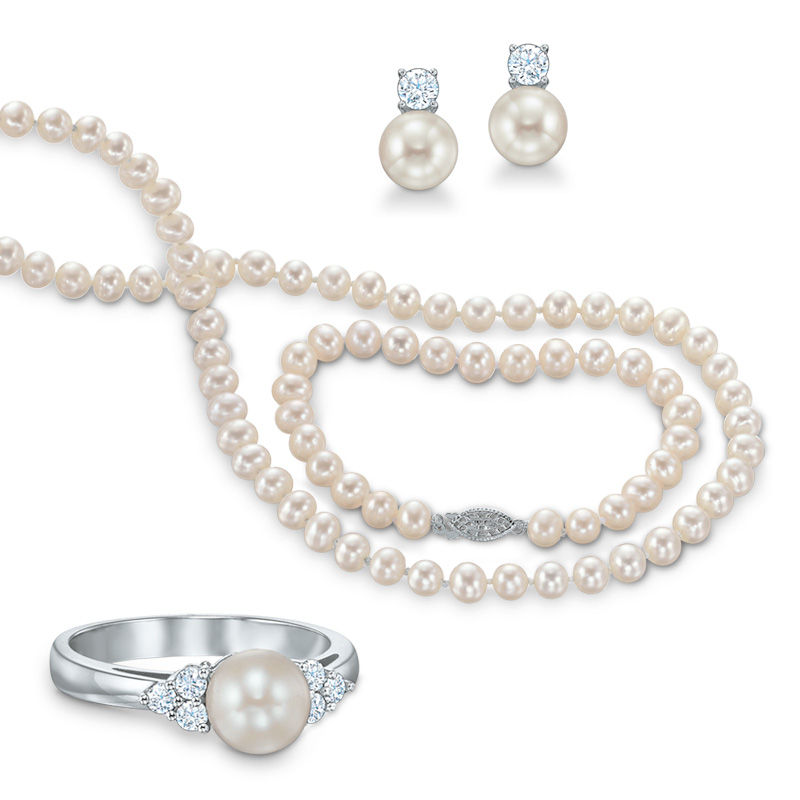 Previously Owned-Freshwater Cultured Pearl and Lab-Created White Sapphire Necklace, Bracelet, Ring and Earrings Set|Peoples Jewellers