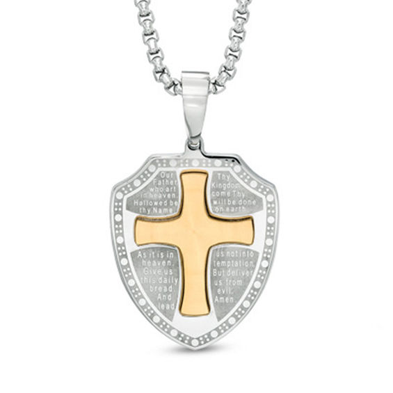 Previously Owned - Men's Lord's Prayer Shield Pendant in Stainless Steel and Yellow IP - 24"