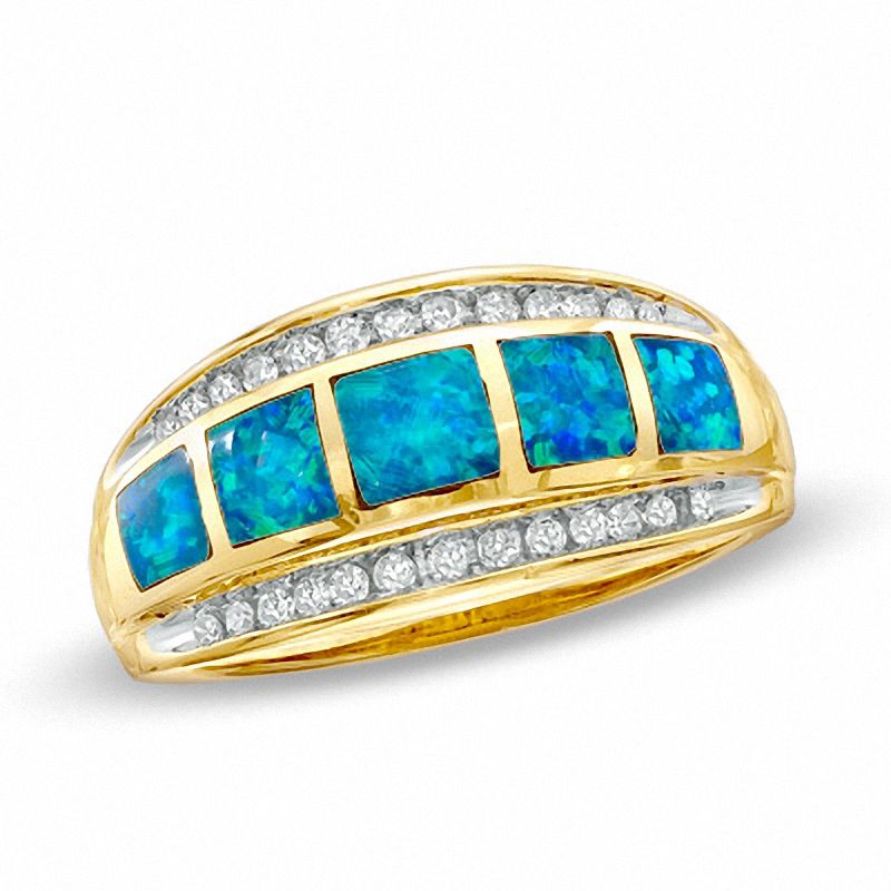 Previously Owned - Cabochon Lab-Created Opal Inlay and 0.19 CT. T.W. Diamond Band in 10K Gold|Peoples Jewellers