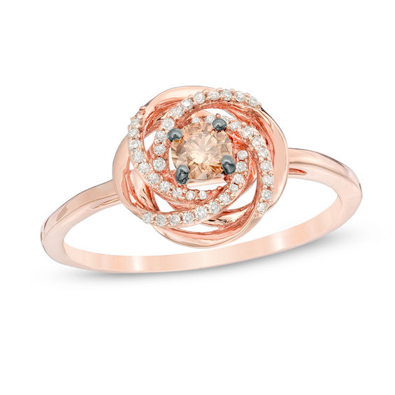 Previously Owned - 0.25 CT. T.W. Champagne and White Diamond Love Knot Ring in 10K Rose Gold