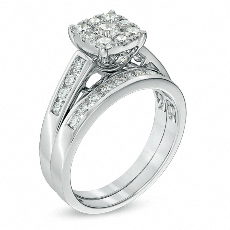 Previously Owned - 0.95 CT. T.W. Princess-Shaped Multi-Diamond Channel Bridal Set in 14K White Gold