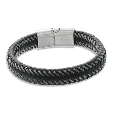 Previously Owned - Men's 12.0mm Black Braided Leather Bracelet in Stainless Steel - 8.5"