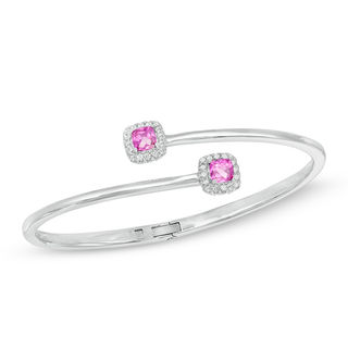 Previously Owned - 5.0mm Cushion-Cut Lab-Created Pink and White Sapphire Frame Hinged Bangle in Sterling Silver