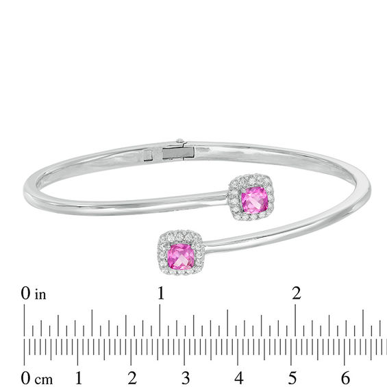 Previously Owned - 5.0mm Cushion-Cut Lab-Created Pink and White Sapphire Frame Hinged Bangle in Sterling Silver