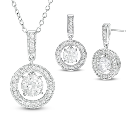 Previously Owned - Lab-Created White Sapphire Frame Pendant and Drop Earrings Set in Sterling Silver