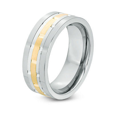 Previously Owned -  Men's 8.0mm Comfort-Fit Brick Pattern Centre Stripe Wedding Band in Tungsten and 10K Gold