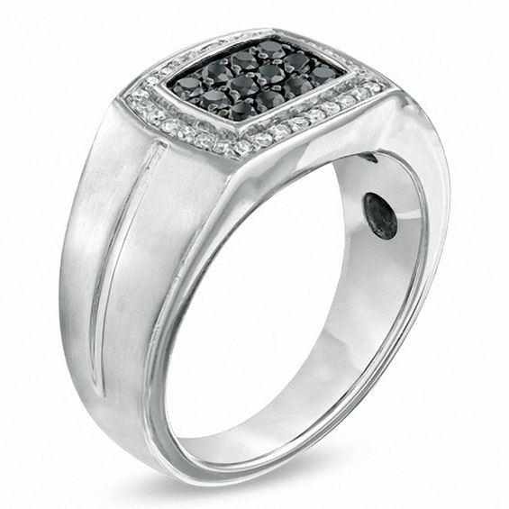 Previously Owned - Men's Black Sapphire and 0.14 CT. T.W. Diamond Frame Ring in 10K White Gold