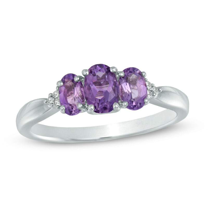 Previously Owned - Oval Amethyst and Lab-Created White Sapphire Three Stone Ring in 10K White Gold