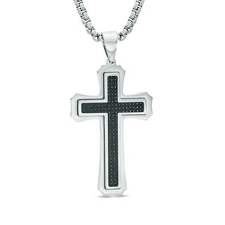 Previously Owned - Men's Gothic-Style Cross Pendant with Black Carbon Fibre in Stainless Steel - 24"