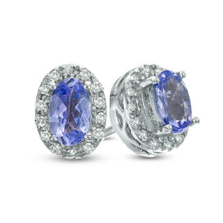 Previously Owned - Oval Tanzanite and Diamond Accent Frame Stud Earrings in Sterling Silver