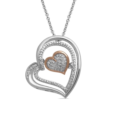 Previously Owned - Unstoppable Love™  0.10 CT. T.W. Diamond Double Heart Pendant in Sterling Silver and 10K Rose Gold