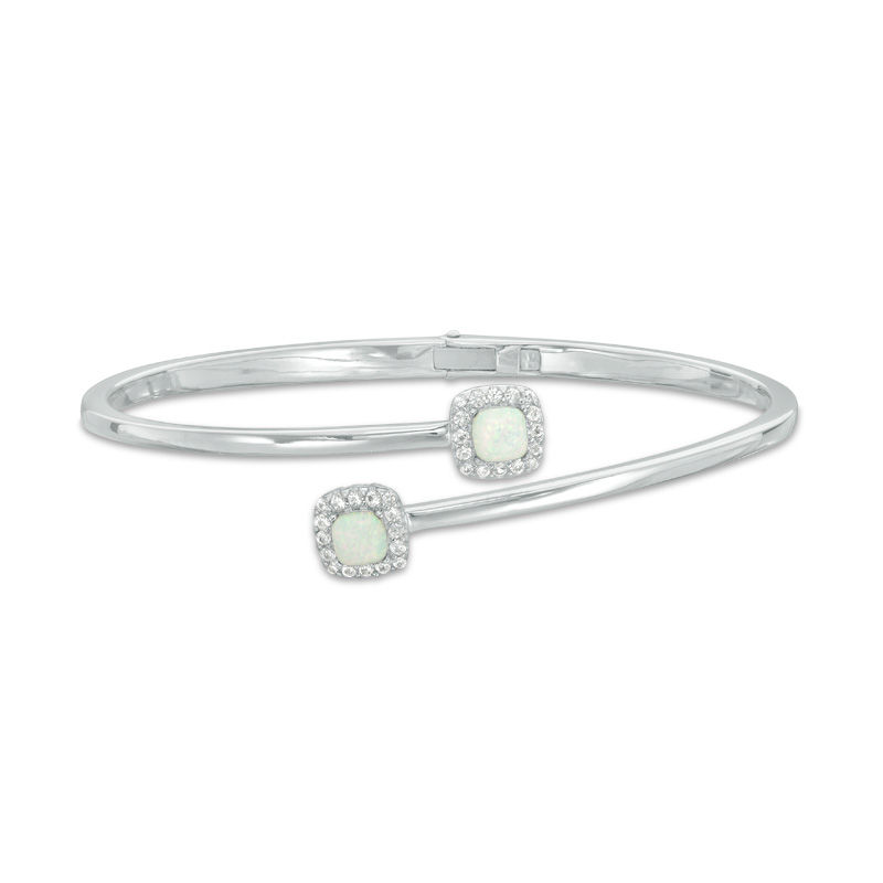 Previously Owned - 5.0mm Cushion-Cut Lab-Created Opal and White Sapphire Frame Bypass Bangle in Sterling Silver - 7.25"