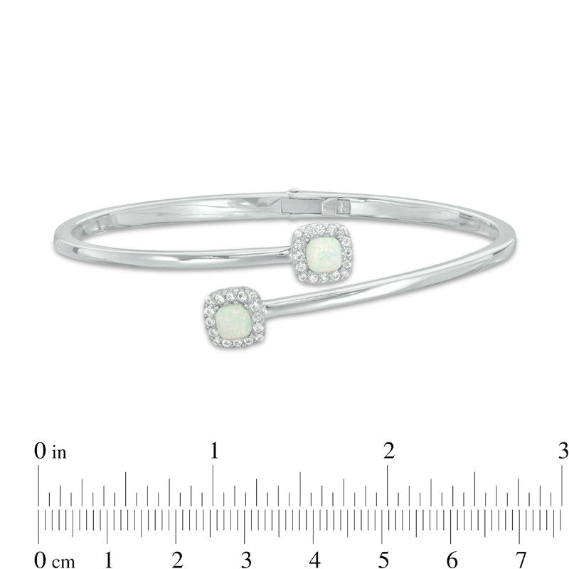 Previously Owned - 5.0mm Cushion-Cut Lab-Created Opal and White Sapphire Frame Bypass Bangle in Sterling Silver - 7.25"
