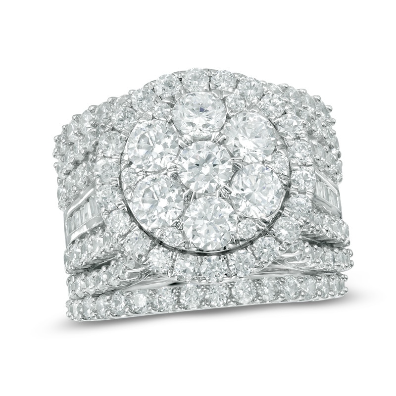 Previously Owned - 5.00 CT. T.W. Composite Diamond Frame Multi-Row Three Piece Bridal Set in 14K White Gold