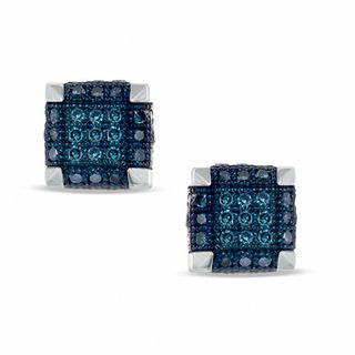 Previously Owned - 0.19 CT. T.W. Enhanced Blue Diamond Square Stud Earrings in 10K White Gold