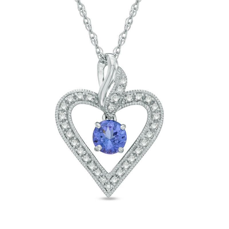 Previously Owned - 5.0mm Tanzanite and 0.10 CT. T.W. Diamond Vintage-Style Heart Pendant in Sterling Silver|Peoples Jewellers