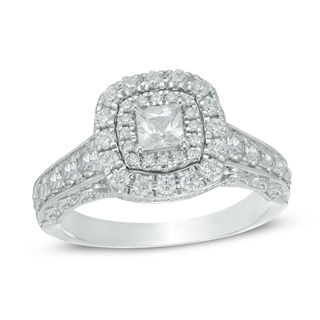 Previously Owned - 1.25 CT. T.W.   Princess-Cut Diamond Frame Engagement Ring in 14K White Gold (I/I1)