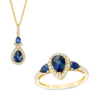 Previously Owned - Pear-Shaped Lab-Created Blue and White Sapphire Frame Pendant and Ring Set in 10K Gold