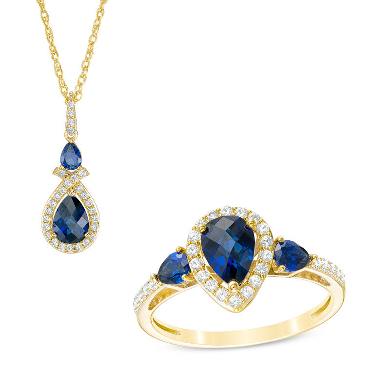 Previously Owned - Pear-Shaped Lab-Created Blue and White Sapphire Frame Pendant and Ring Set in 10K Gold|Peoples Jewellers