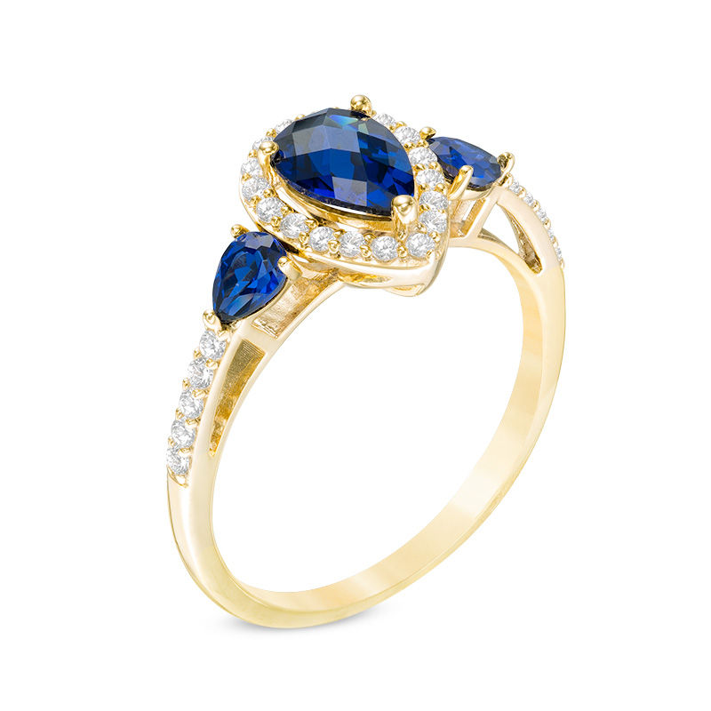 Previously Owned - Pear-Shaped Lab-Created Blue and White Sapphire Frame Pendant and Ring Set in 10K Gold