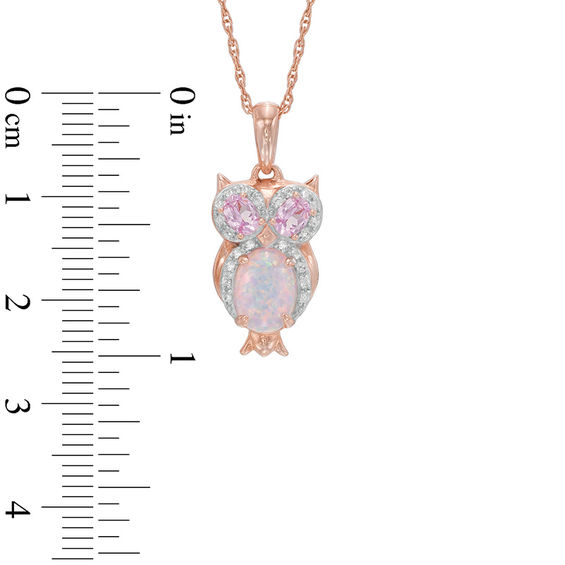 Previously Owned - Lab-Created Opal with Pink and White Sapphire Owl Pendant in Sterling Silver with 14K Rose Gold Plate