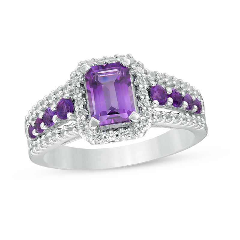 Previously Owned - Emerald-Cut Amethyst and Lab-Created White Sapphire Frame Ring in Sterling Silver|Peoples Jewellers